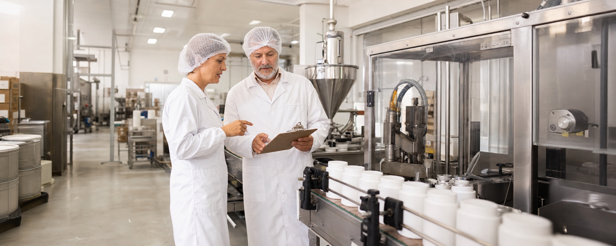 Mitarbeitende aus Produktion und Qualität begleiten eine laufende Abfülllinie
